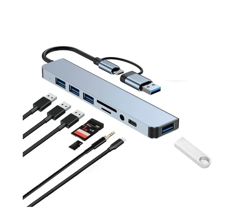 Hub 8 Em 1 Usb Para Usb Para Usb C/usb2/3/sd/tf/jack Mac PC Cor Cinza