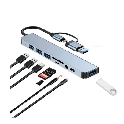 Hub 8 Em 1 Usb Para Usb Para Usb C/usb2/3/sd/tf/jack Mac PC Cor Cinza