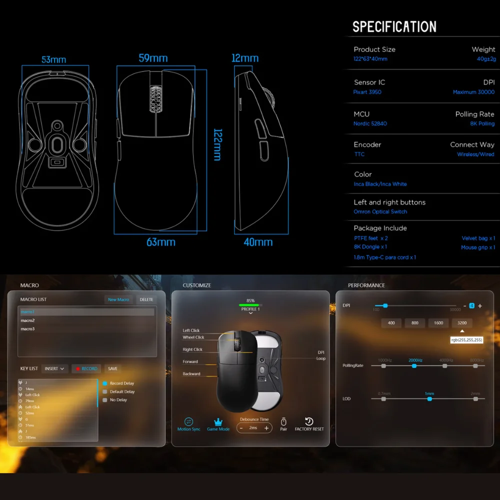 Imagem 3 de 5 do produto Mouse Gamer Lamzu Inca 8k Wireless Superlight 40g