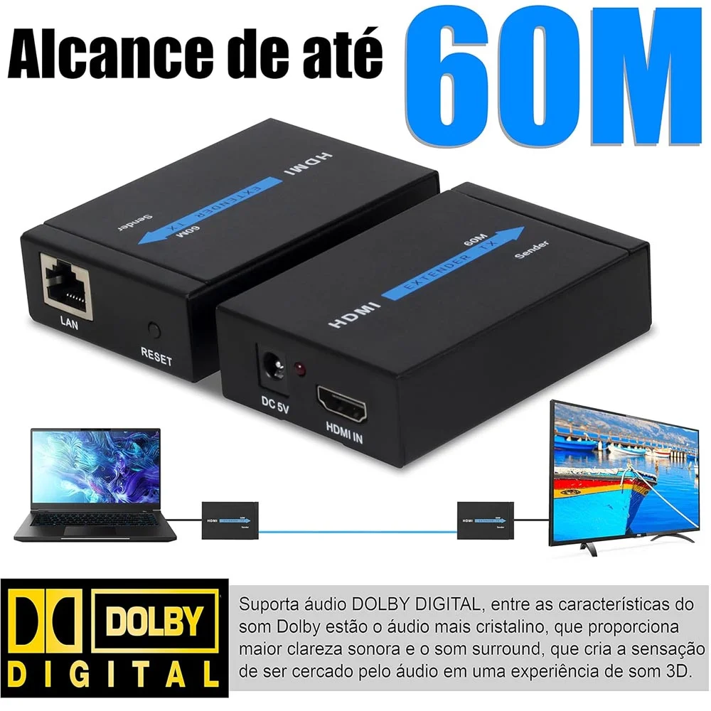 Imagem 4 de 5 do produto Extensor HDMI Com Cabo Rj45 Até 60 Metros Cat5e Cat 6 Cat7