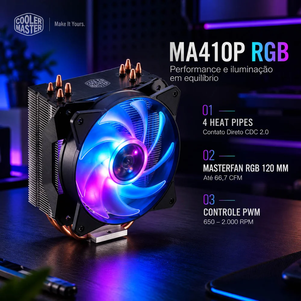 Imagem 3 de 5 do produto Cooler Processador Cooler Master Air Ma410p RGB Intel Amd