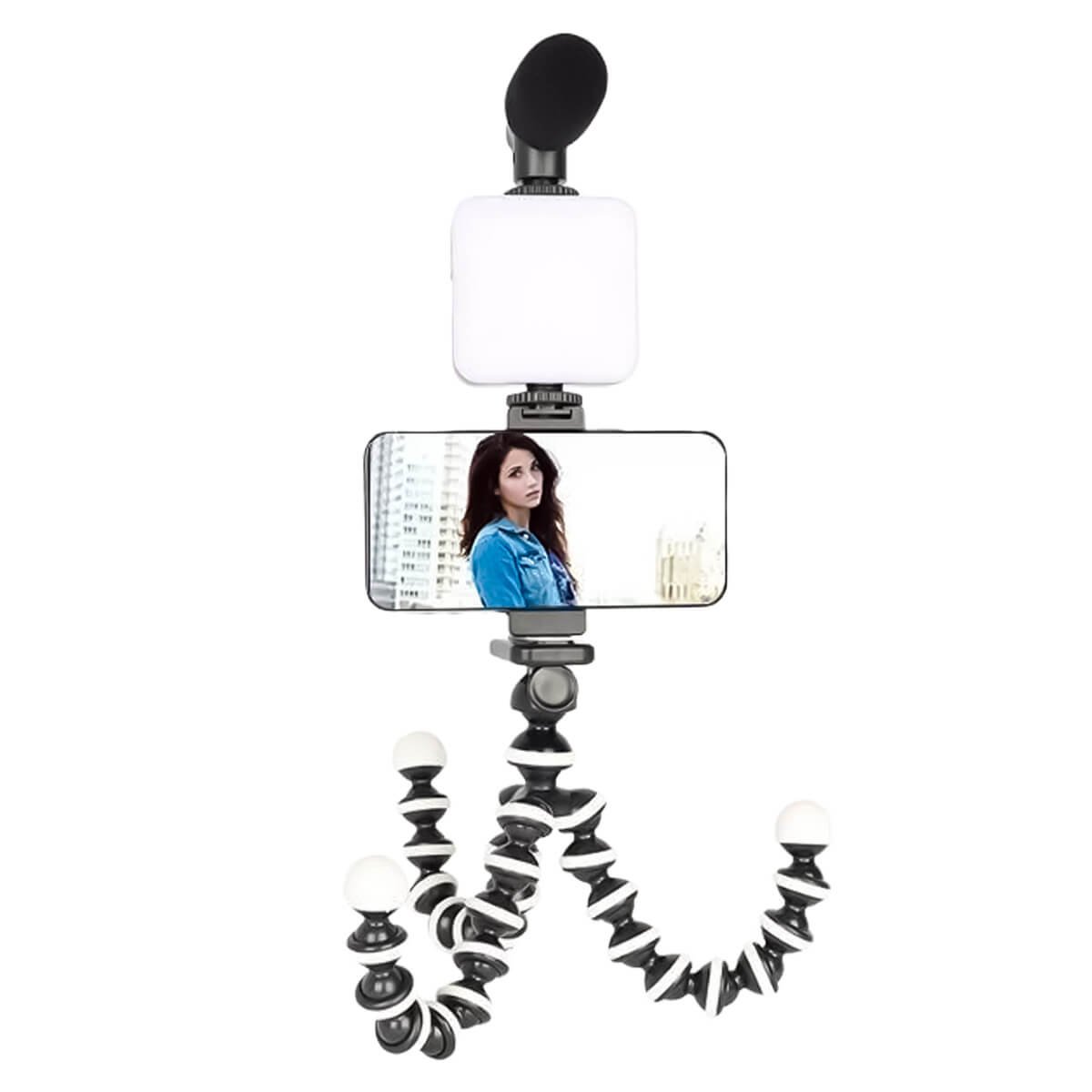 Kit Para Gravação Com Microfone Direcional, Luz LED E Tripé Articulado