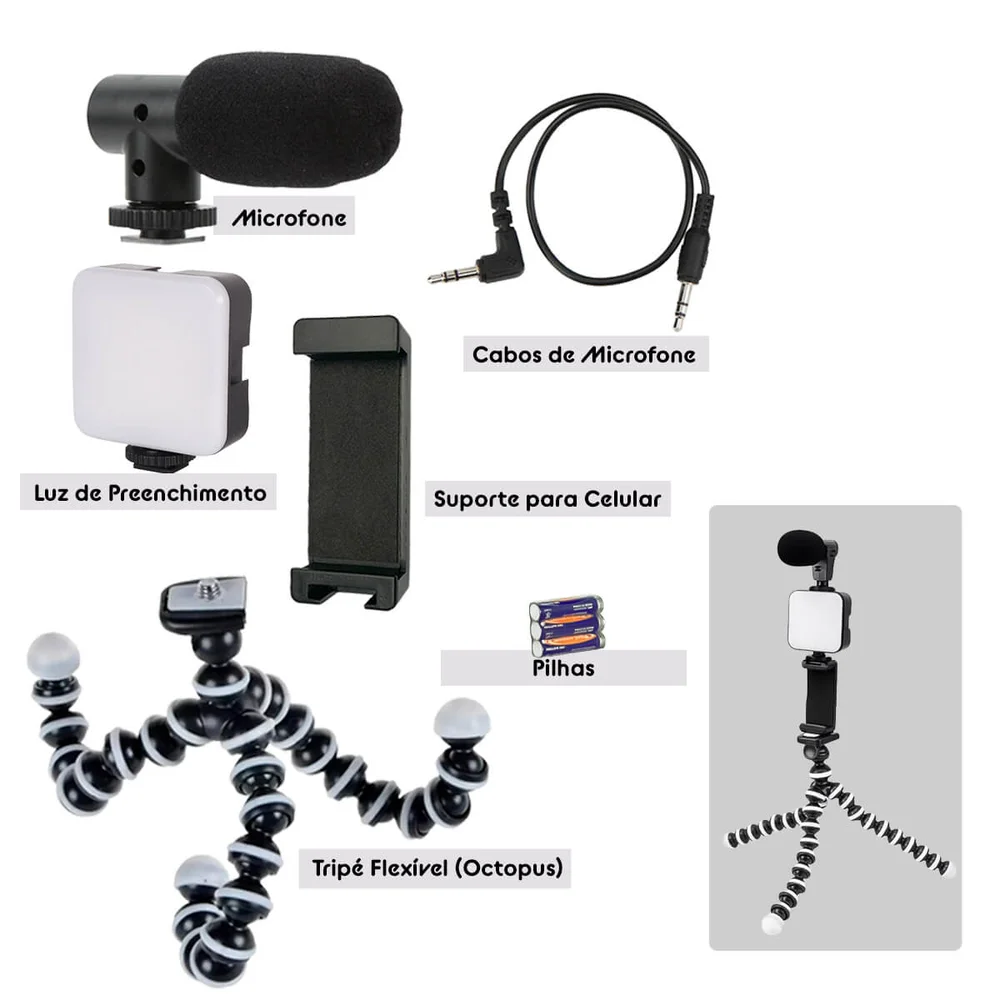 Imagem 4 de 5 do produto Kit Para Gravação Com Microfone Direcional, Luz LED E Tripé Articulado