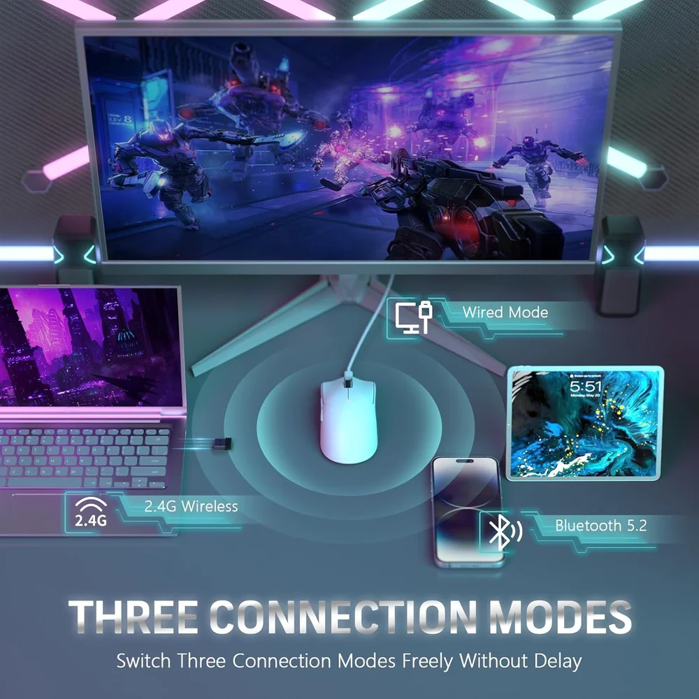 Imagem 2 de 5 do produto Mouse Gamer Sem Fio Attack Shark X11, 22000 Dpi, 59g, Tri-mode Com Dock Magnético, RGB, Branco