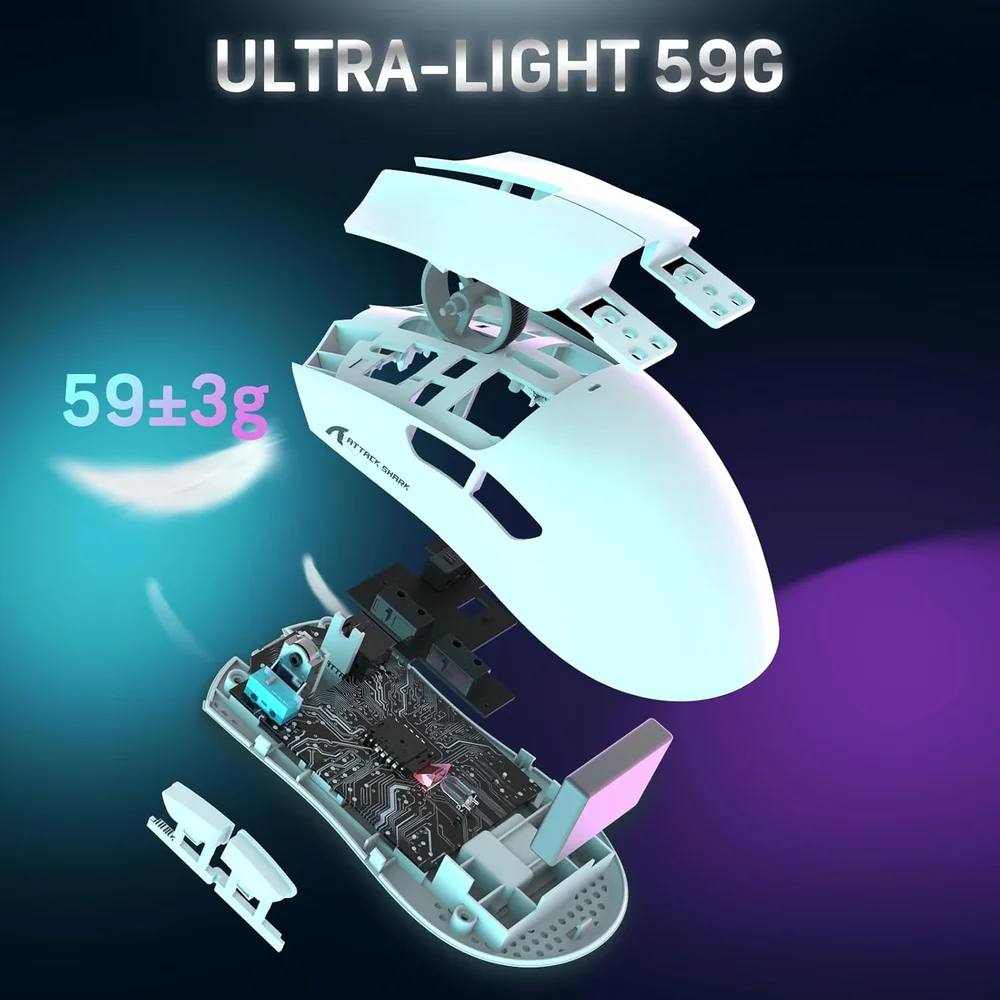 Imagem 3 de 5 do produto Mouse Gamer Sem Fio Attack Shark X11, 22000 Dpi, 59g, Tri-mode Com Dock Magnético, RGB, Branco