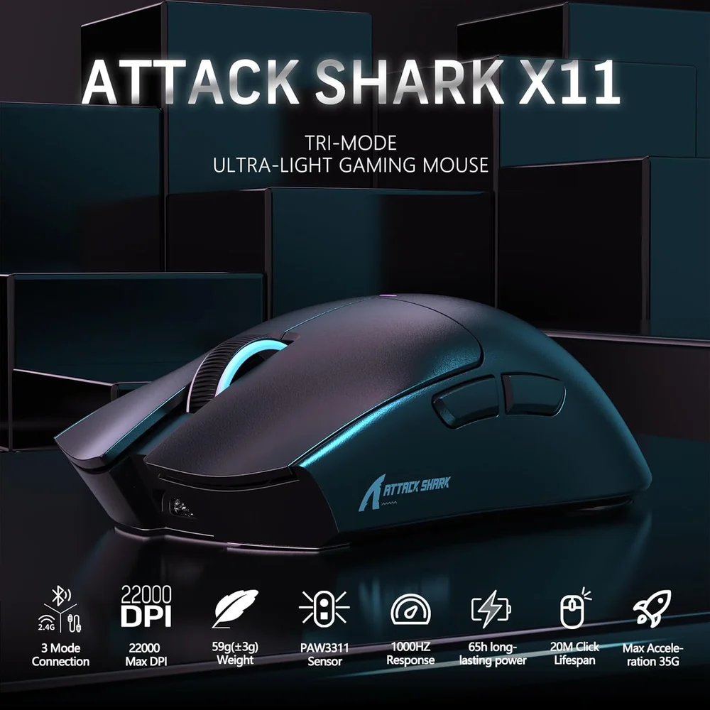 Mouse Gamer Sem Fio Attack Shark X11, 22000 Dpi, 59g, Tri-mode Com Dock Magnético, RGB, Preto Mouse Gamer Sem Fio Attack Shark X11, 22000 Dpi, 59g, Tri-mode Com Dock Magnético, RGB, Preto