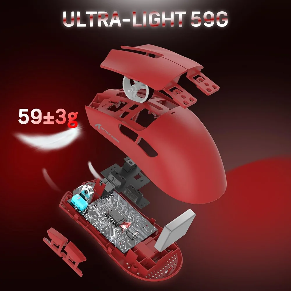 Mouse Gamer Sem Fio Attack Shark X11, 22000 Dpi, 59g, Tri-mode Com Dock Magnético, RGB, Vermelho Mouse Gamer Sem Fio Attack Shark X11, 22000 Dpi, 59g, Tri-mode Com Dock Magnético, RGB, Vermelho
