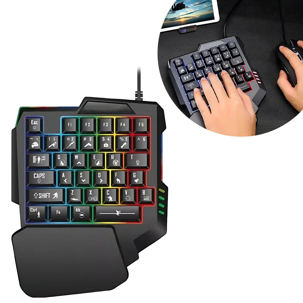 Teclado Gamer RGB Uma Mão Semi Mecânico Fio Usb Teclado Gamer RGB Uma Mão Semi Mecânico Fio Usb