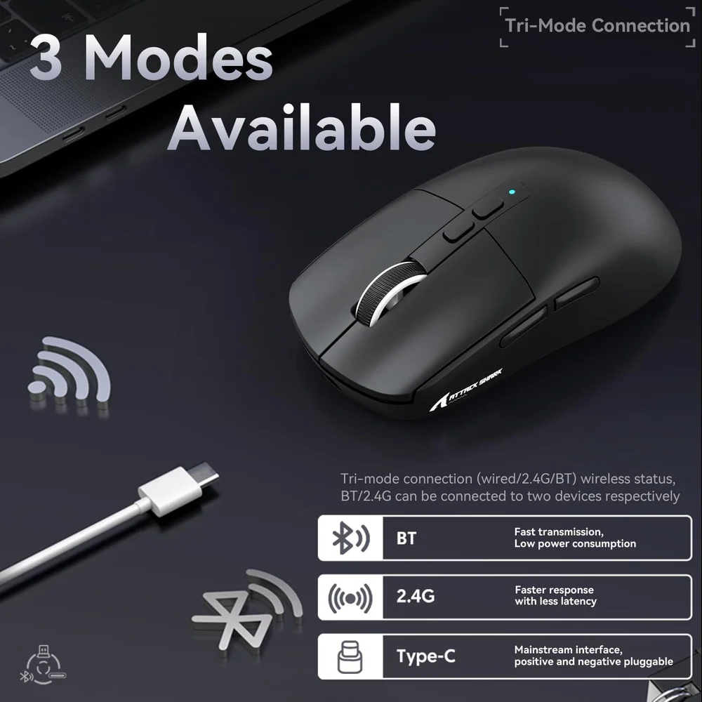 Mouse Gamer Sem Fio Attack Shark X6, 26000 Dpi, Paw3395, Tri-mode Com Dock Magnético, RGB, Preto Mouse Gamer Sem Fio Attack Shark X6, 26000 Dpi, Paw3395, Tri-mode Com Dock Magnético, RGB, Preto