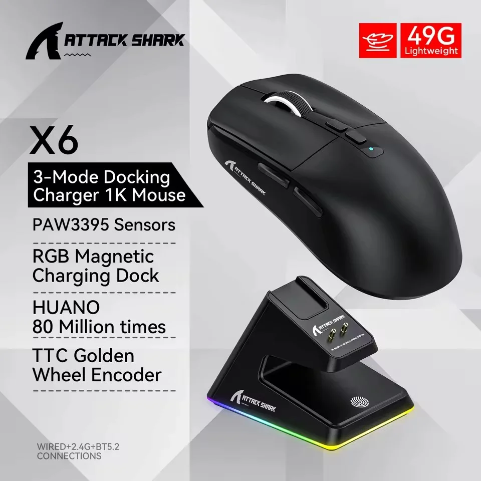 Mouse Gamer Sem Fio Attack Shark X6, 26000 Dpi, Paw3395, Tri-mode Com Dock Magnético, RGB, Preto Mouse Gamer Sem Fio Attack Shark X6, 26000 Dpi, Paw3395, Tri-mode Com Dock Magnético, RGB, Preto