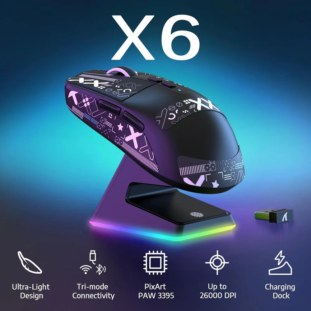 Mouse Gamer Sem Fio Attack Shark X6, 26000 Dpi, Paw3395, Tri-mode Com Dock Magnético, RGB, Preto Mouse Gamer Sem Fio Attack Shark X6, 26000 Dpi, Paw3395, Tri-mode Com Dock Magnético, RGB, Preto