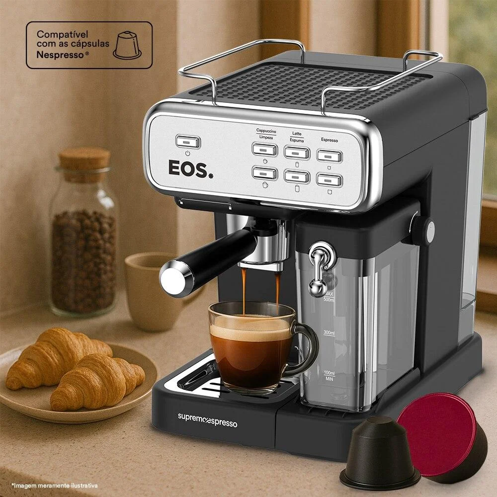 Imagem 2 de 5 do produto Cafeteira Espresso 3 Em 1 Eos Prepara Espresso, Latte E Cappuccino Com 20 Bar De Pressão Inox Ecf07ec 110v