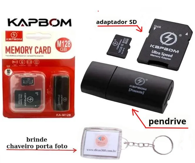 Cartão De Memória 128GB Classe 10 + Adaptador Sd + Pen Drive