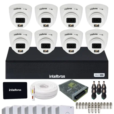 Kit Cftv Intelbras 8 Câmeras Vhd 3220d Full Color Com Áudio Dvr Intelbras 1108-c  SSD 512gb Instalado.
