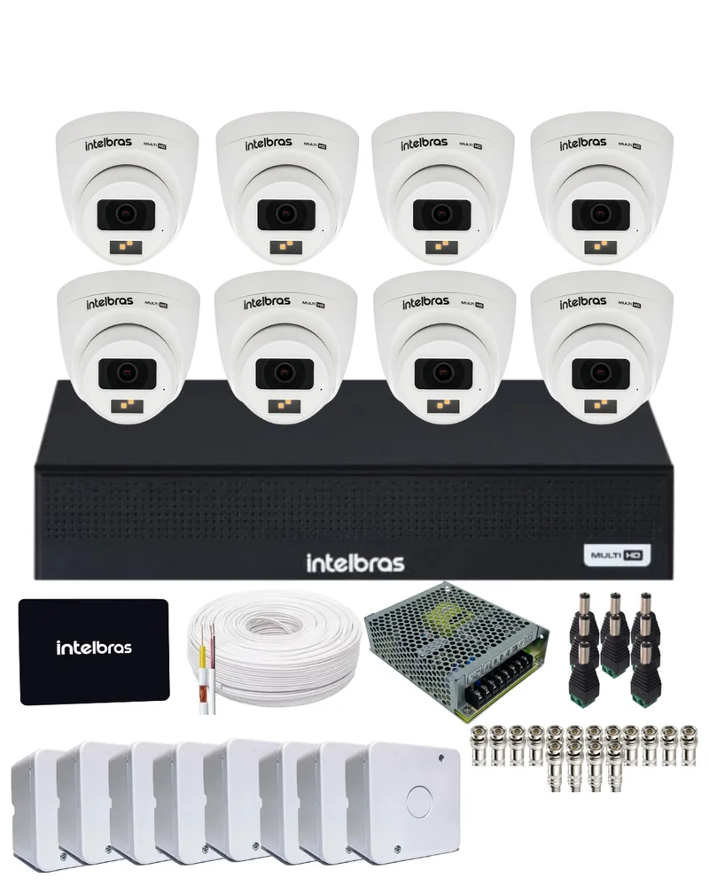 Kit Cftv Intelbras 8 Câmeras Vhd 3220d Full Color Com Áudio Dvr Intelbras 1108-c  SSD 512gb Instalado.