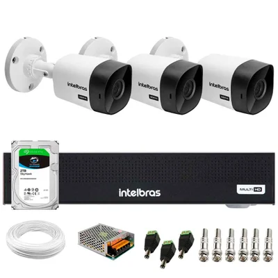 Kit 3 Câmeras Intelbras Vhc 1120 B Hd 720p Visão Noturna 20m Ip66 Dvr Mhdx 1104c + Hd Skyhawk 2TB