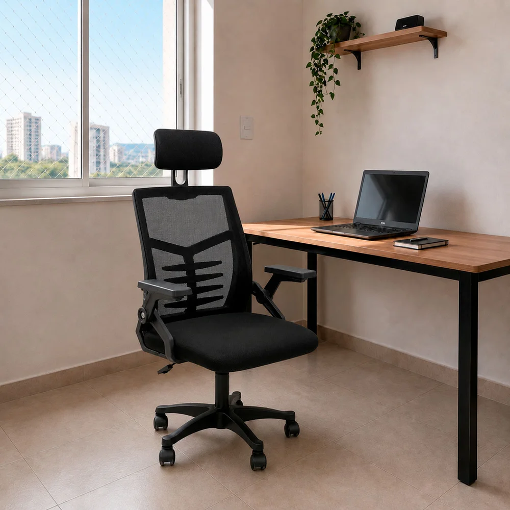 Cadeira Escritório Diretor Relax Tela Mesh Respirável Ergonômica Apoio Cabeça Giratória Regulagem Altura 120kg Preto