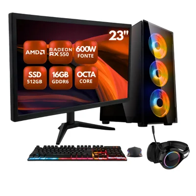 PC Gamer Completo Zen By Bluepc - Amd Ryzen 4700s, 8 Núcleos E 16 Threads, Radeon Rx 550 4gb, 16gb Ram, SSD 512gb, Fonte 600w, Monitor 23" 75hz Full Hd - Pgbp-car1004
