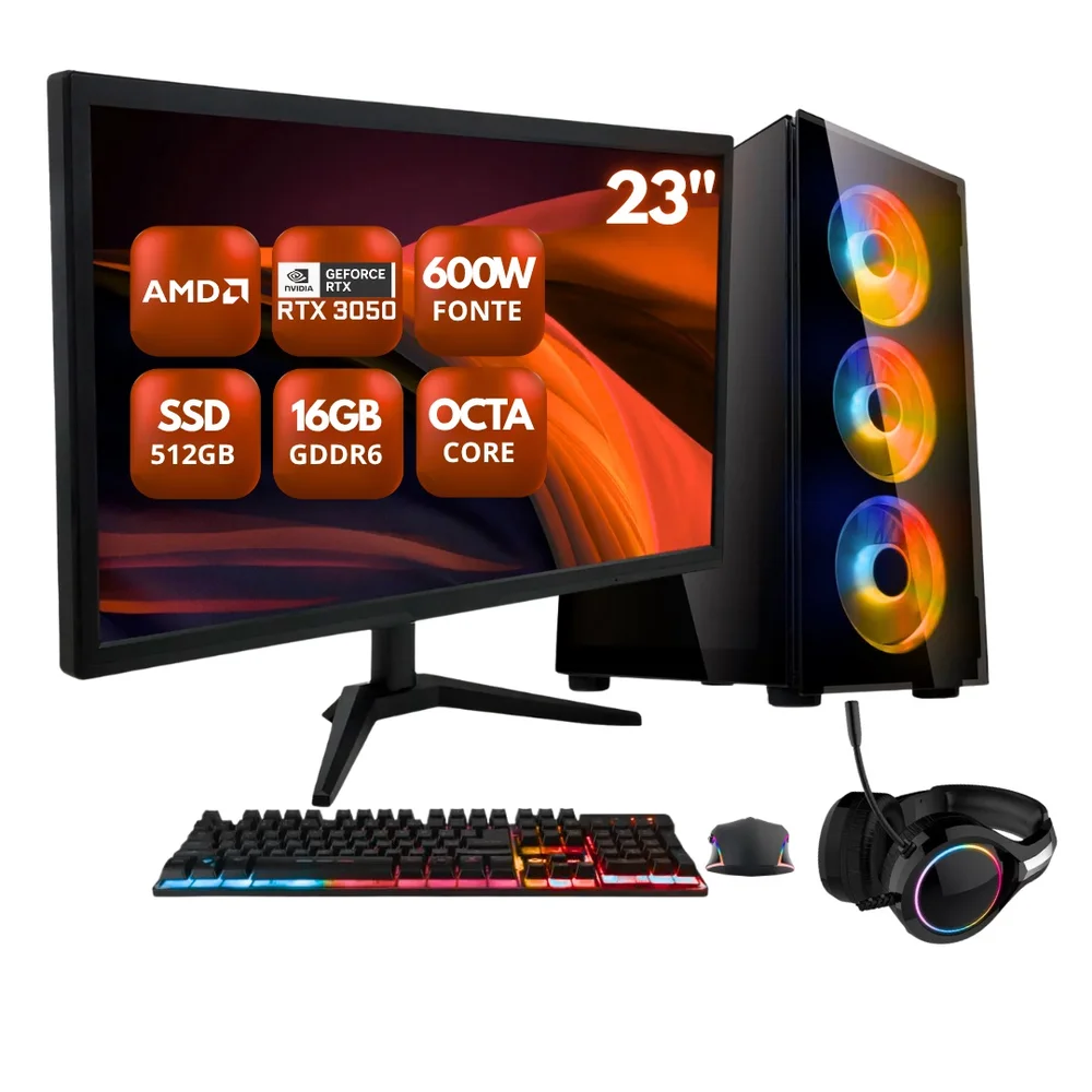 PC Gamer Completo Zen By Balão.info - Amd Ryzen 4700s, 8 Núcleos E 16 Threads, Geforce RTX 3050 8GB, 16gb Ram, SSD 512gb, Fonte 600w, Monitor 23" 75hz Full Hd - Pgbp-car1007