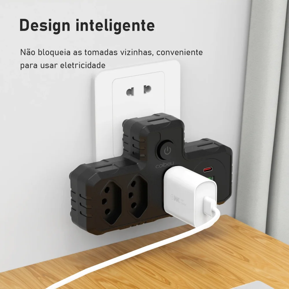 Imagem 3 de 5 do produto Adaptador Universal De Tomada 3 Tomadas Pinos Com Usb Tipo C Carregador Rápido