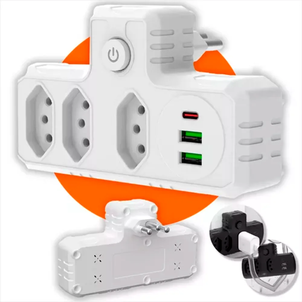 Imagem 4 de 5 do produto Adaptador Universal De Tomada 3 Tomadas Pinos Com Usb Tipo C Carregador Rápido