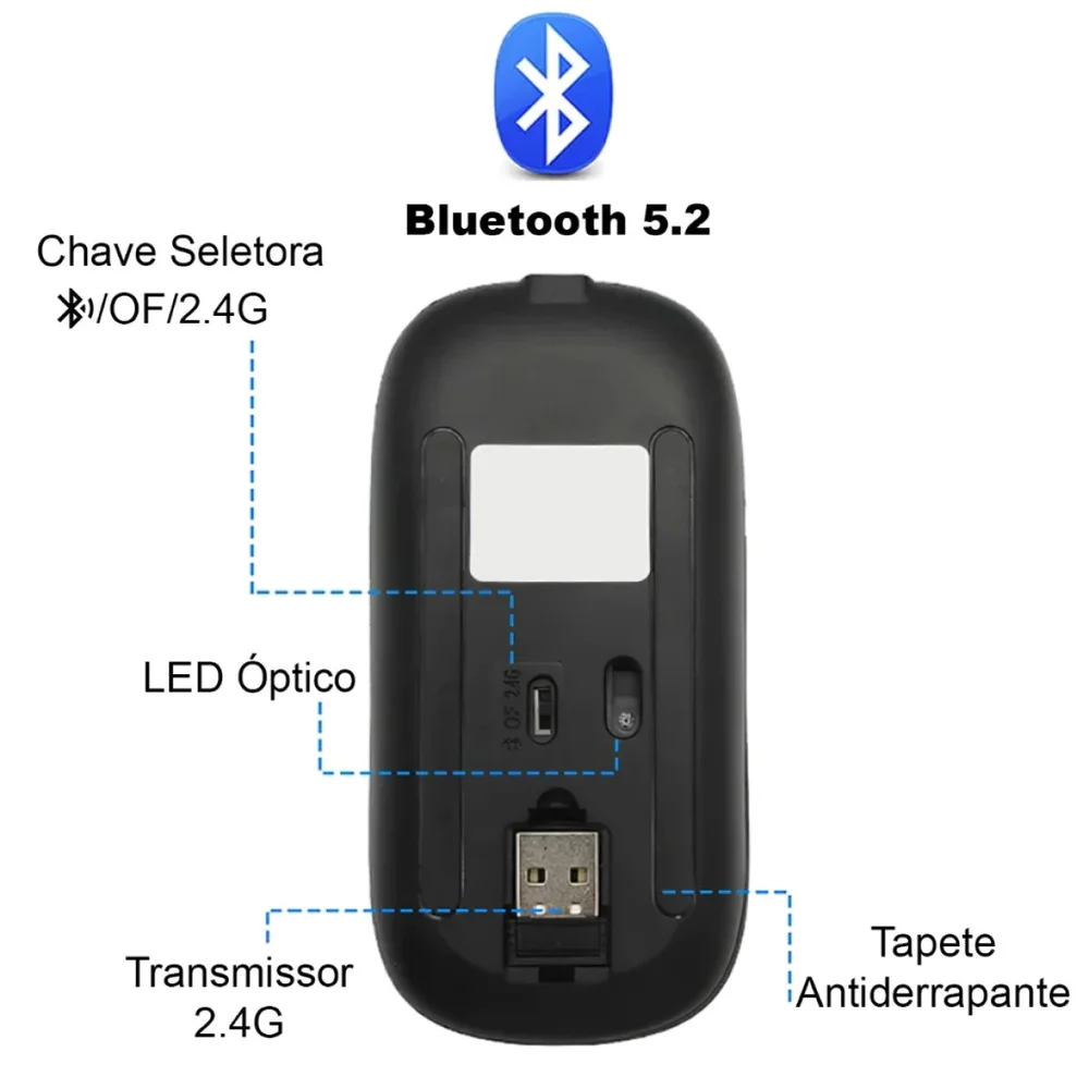 Mouse Sem Fio Recarregável Bluetooth Usb, Ergonômico Plug & Play Portátil Mouse Sem Fio Recarregável Bluetooth Usb, Ergonômico Plug & Play Portátil