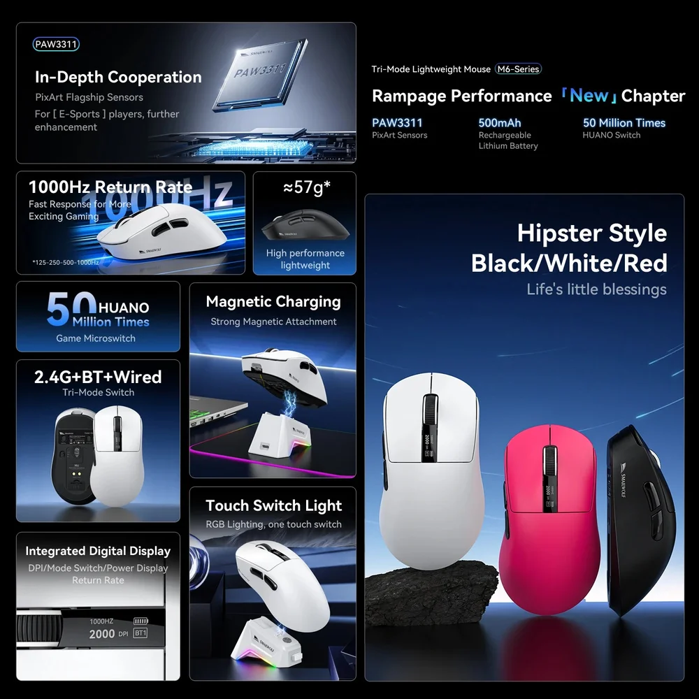 Imagem 3 de 5 do produto Mouse Smailwolf M6 Paw3311 12000dpi 1khz Tri-mode Preto