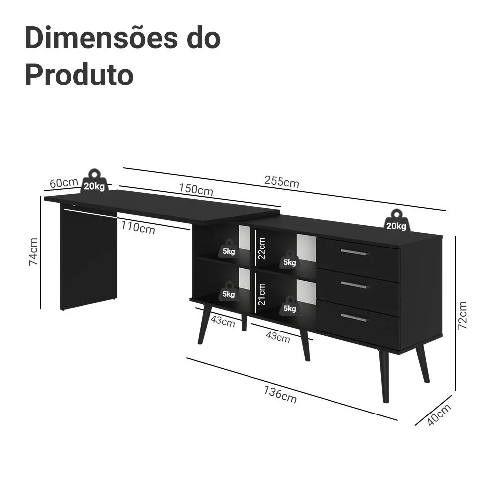Imagem 2 de 5 do produto Mesa De Escritório Em L 3 Gavetas Preto Lisboa Madesa