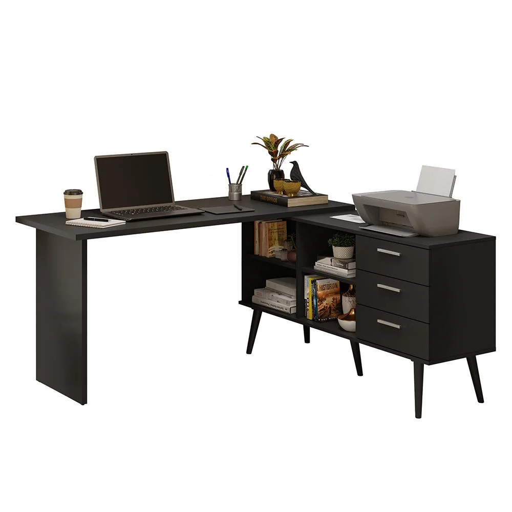 Imagem 3 de 5 do produto Mesa De Escritório Em L 3 Gavetas Preto Lisboa Madesa