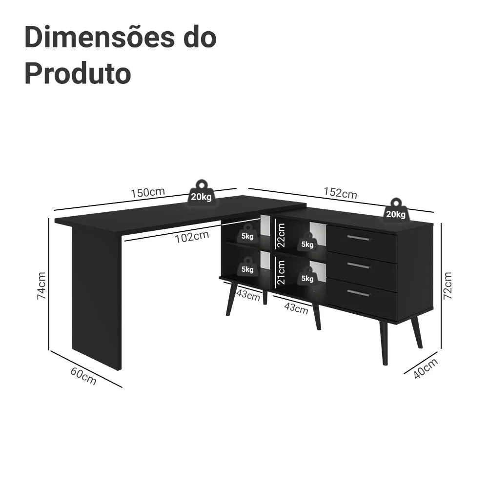 Imagem 4 de 5 do produto Mesa De Escritório Em L 3 Gavetas Preto Lisboa Madesa