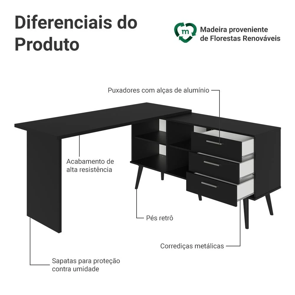 Imagem 5 de 5 do produto Mesa De Escritório Em L 3 Gavetas Preto Lisboa Madesa