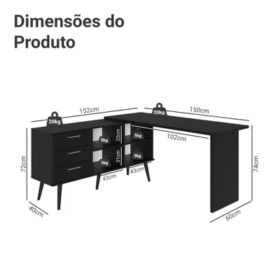 Mesa De Escritório Em L 3 Gavetas Preto Lisboa Madesa Xa — foto 2