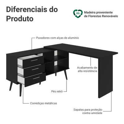 Mesa De Escritório Em L 3 Gavetas Preto Lisboa Madesa Xa — foto 3