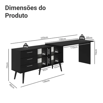Mesa De Escritório Em L 3 Gavetas Preto Lisboa Madesa Xa — foto 4