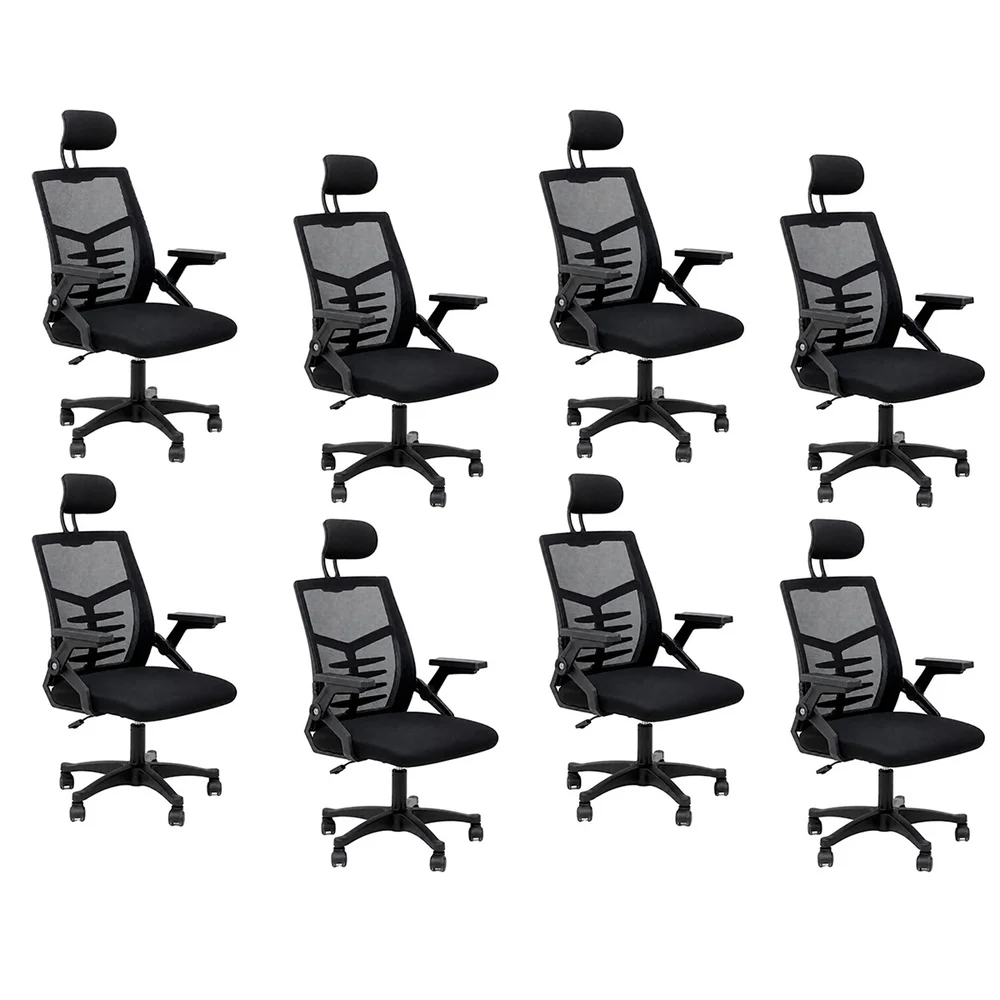 Imagem 2 de 5 do produto Kit 8 Cadeiras Escritório Diretor Relax Tela Mesh Respirável Ergonômica Apoio Cabeça Giratória Regulagem Altura 120kg Preto