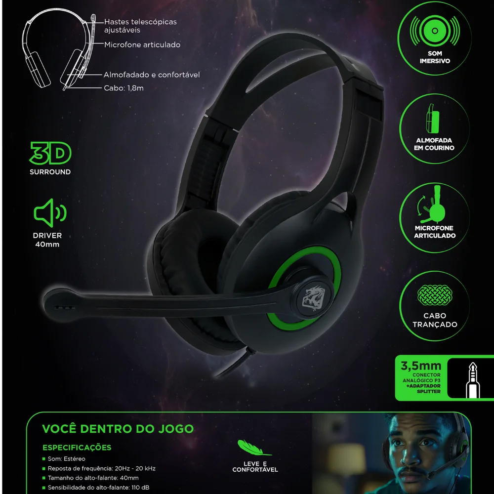 Imagem 5 de 5 do produto Headset Gamer Orion, Estéreo P3, Microfone Articulado, Cabo 1,8 Metros, 35w, Preto, Hgor, Elg