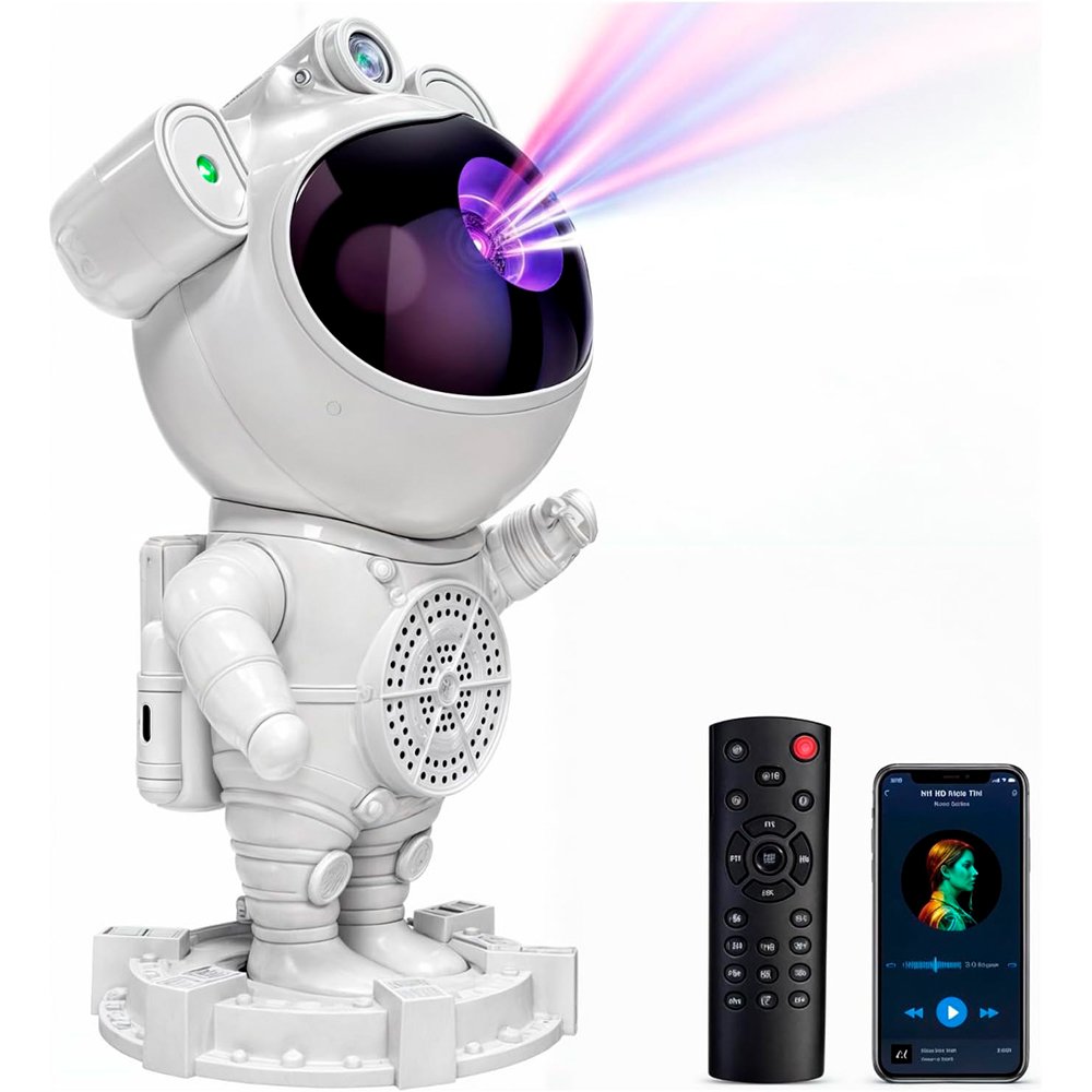 Projetor Luminária Astronauta 360º Com Caixa De Som Bluetooth LED Usb E Controle Remoto