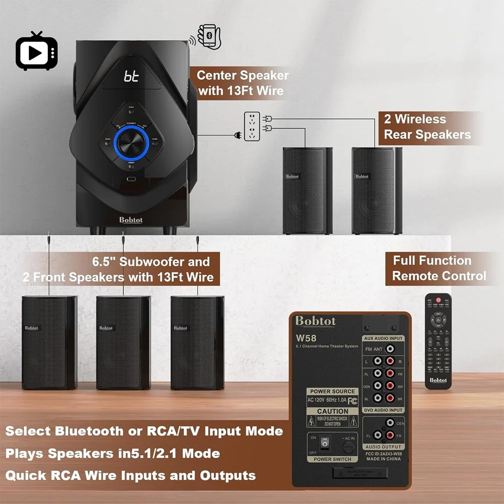 Imagem 3 de 5 do produto Sistema de Som Surround Bobtot 5.1 Home Theater 110V Preto