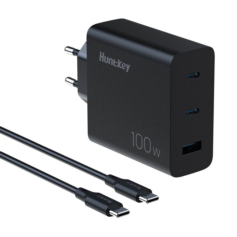 Carregador Usb A/c Huntkey 3 Em 1 100w + Cabo Usbc Preto