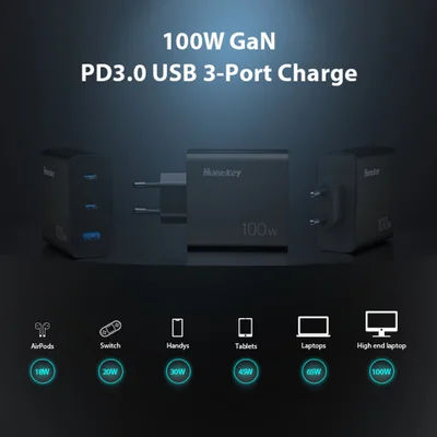 Carregador Usb A/c Huntkey 3 Em 1 100w + Cabo Usbc Preto — foto 2