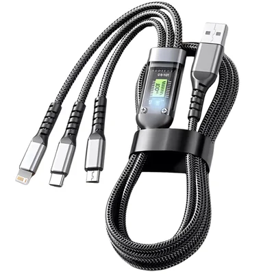 Cabo Carregador Turbo 3 Em 1 Usb 100w Tipo-C /  V8 / Linghtning
