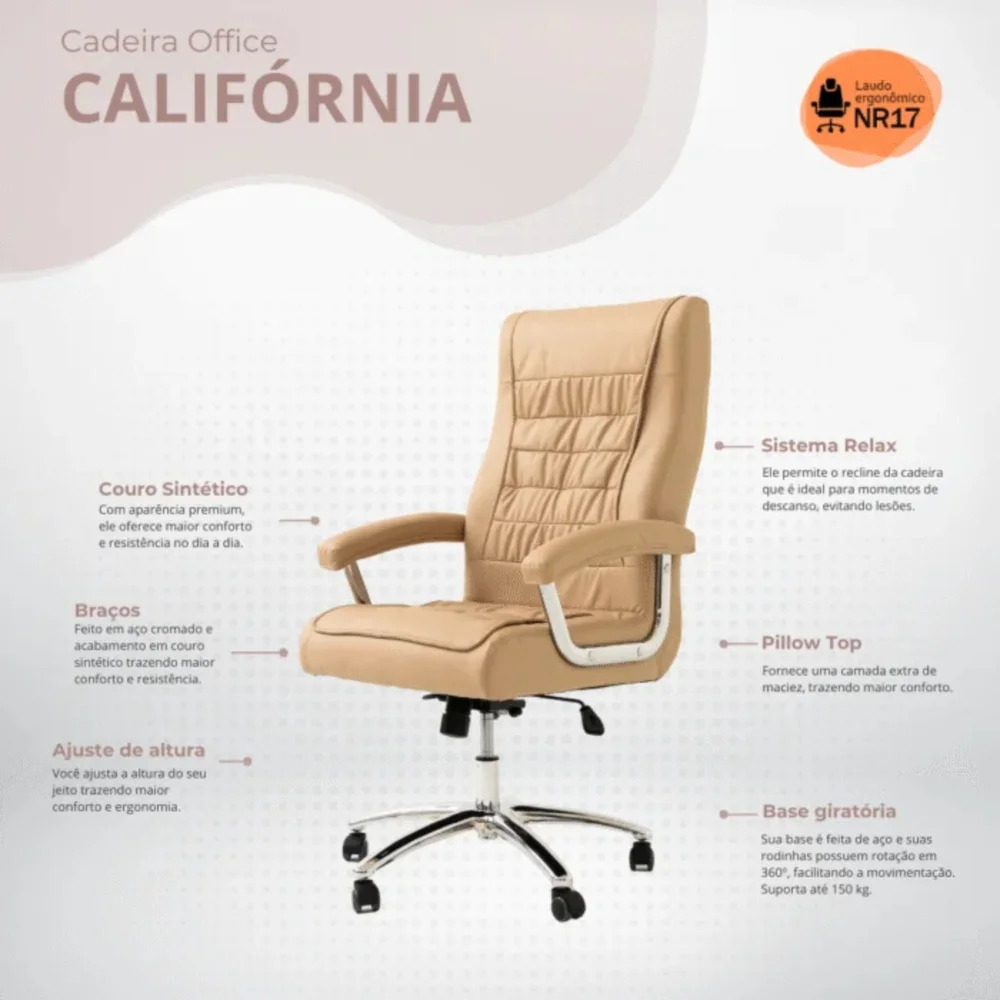 Imagem 2 de 5 do produto Cadeira Escritório Couro Presidente Molas Ensacadas Nr17 Califórnia Fratini Cor:fendi.