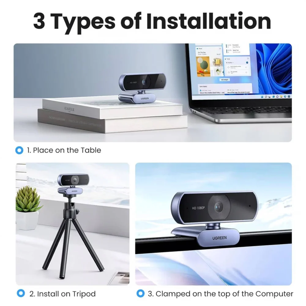 Imagem 2 de 5 do produto Webcam UGREEN 1080P Full HD 30FPS USB Microfone Duplo PC