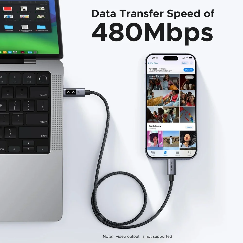 Imagem 5 de 5 do produto Cabo Usb C Ugreen Uno 480mbs Máx. 100w 2metros Preto