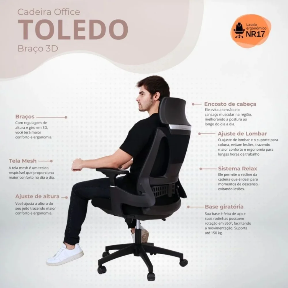 Cadeira De Escritório Ergonômica Nr17 Giratória Office ToLEDo Com Encosto E Braços 3d Rivatti Cor:preto Cadeira De Escritório Ergonômica Nr17 Giratória Office ToLEDo Com Encosto E Braços 3d Rivatti Cor:preto