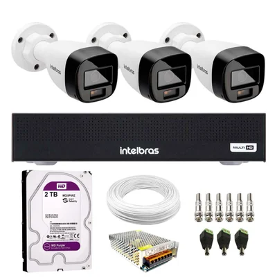 Kit 3 Câmeras Intelbras Vhd 1220 B Full Color Full Hd 1080p Ir 20m + Dvr Mhdx 3004c + Hd 2TB Purple