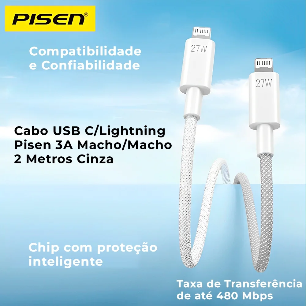 Imagem 3 de 5 do produto Cabo Usb C/lightning Pisen 3a Macho/macho 1 Metros Cinza
