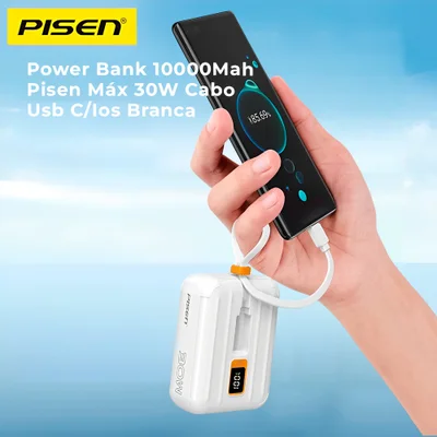 Power Bank 10000mah Pisen Máx 30w Cabo Usb C/ios Branca — foto 2