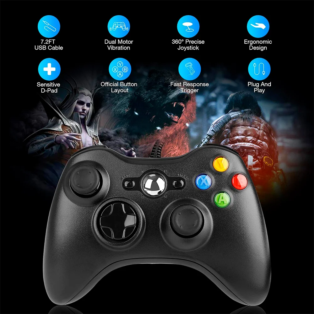 Imagem 4 de 5 do produto Controle Usb Com Fio Para XBOX 360 Computador Notebook - Preto
