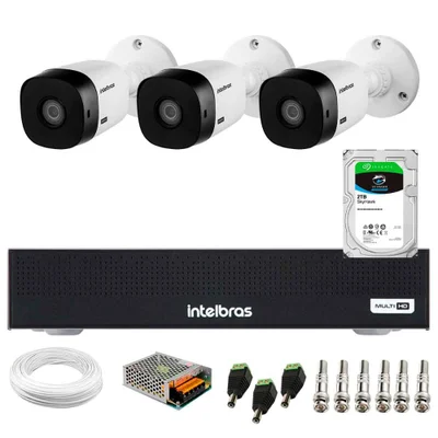 Kit 3 Câmeras Intelbras Vhl 1120 B Hd 720p Visão 20m Ip66 + Dvr Mhdx 1104c 4 Canais + Hd Skyhawk 2TB
